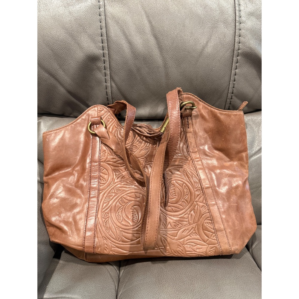 The Sak Cognac Leather Floral Embossed Tote Shoulder Bag Brown